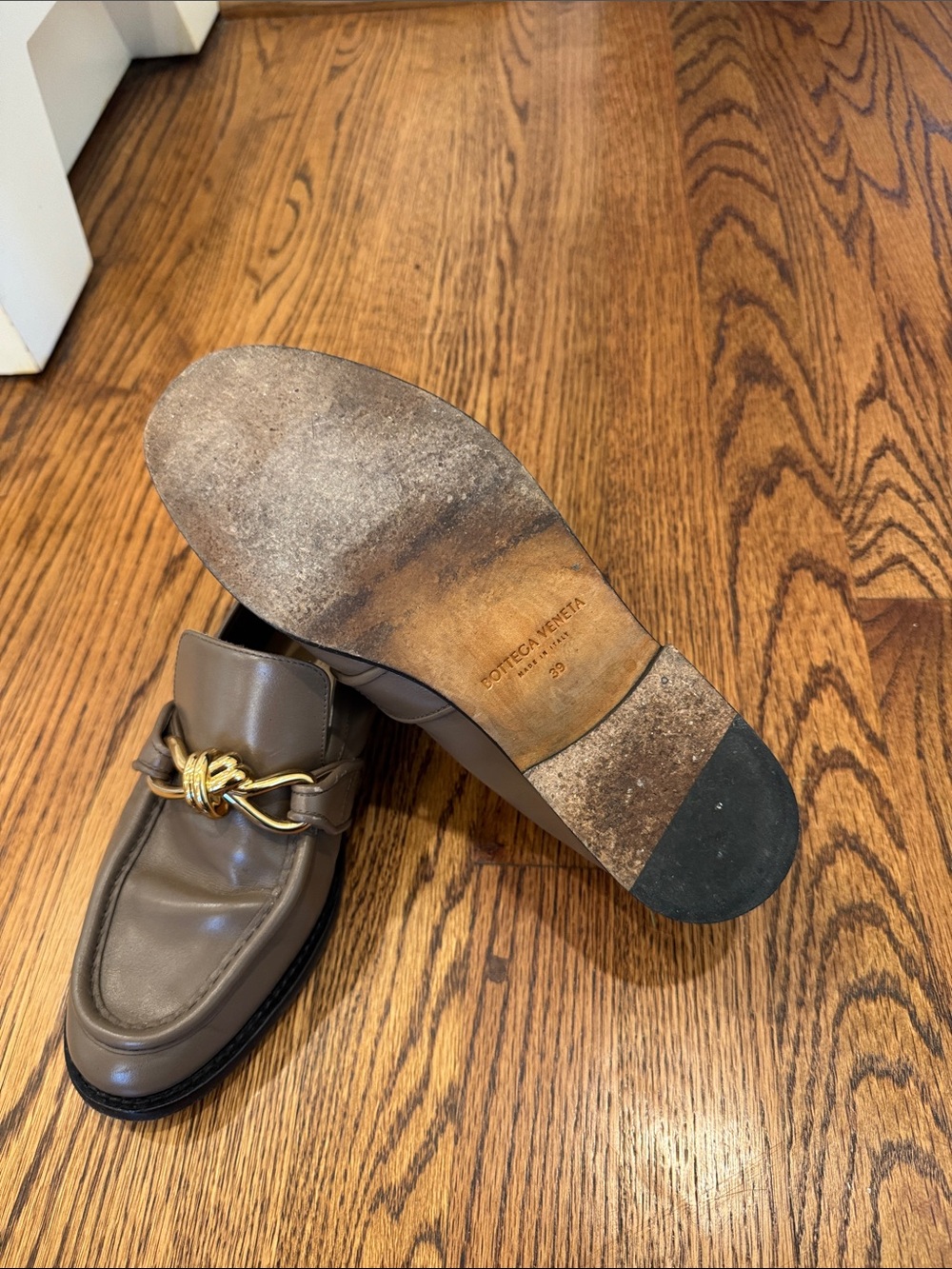 Bottega Veneta Taupe Leather Loafers with Gold Knot Hardware - Picture 6 of 7
